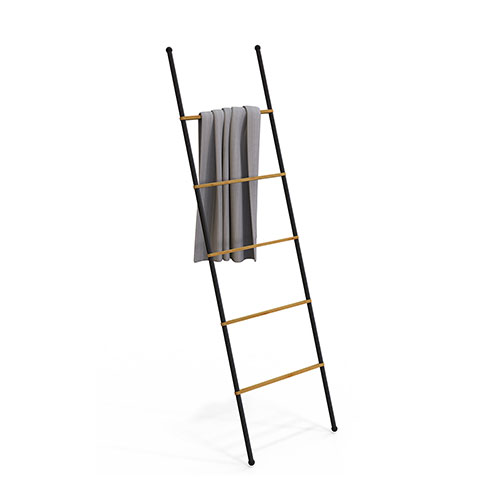 Bathroom apartment bamboo wood ladder towel rack black white