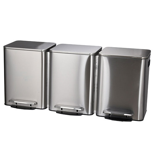 Three compartment pedal stainless steel recycle bin