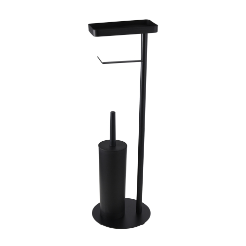 Free standing black metal toilet paper roll holder with brush