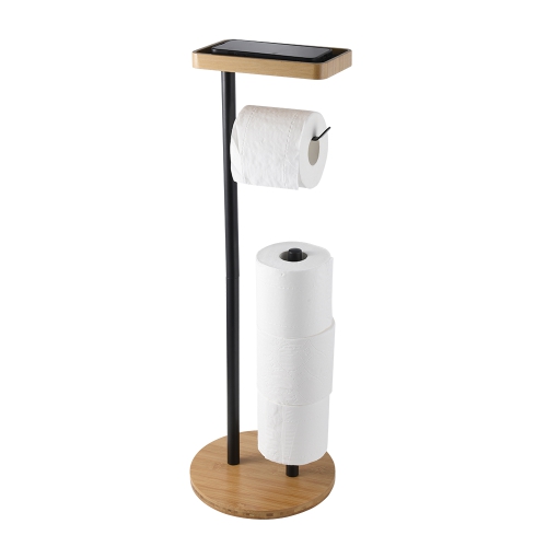 Free standing bathroom toilet paper holder natural bamboo wood