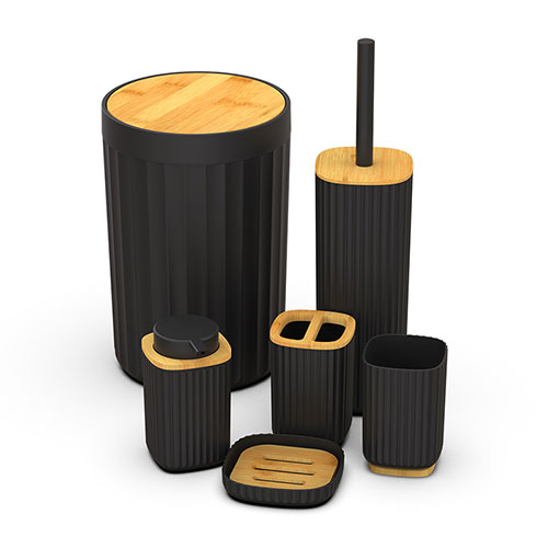 Black plastic and bamboo bathroom accessory decor set wholesale