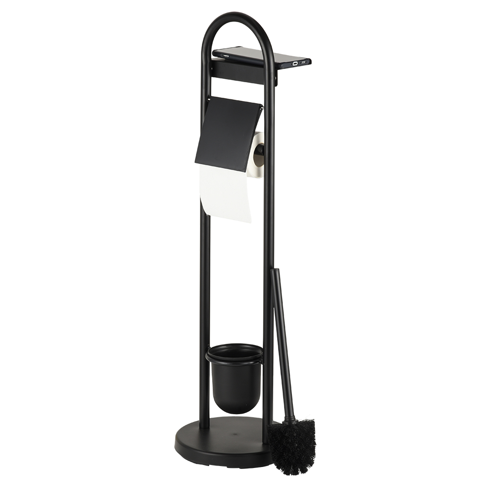 Freestanding black toilet tissue paper roll holder with cellphone organizer